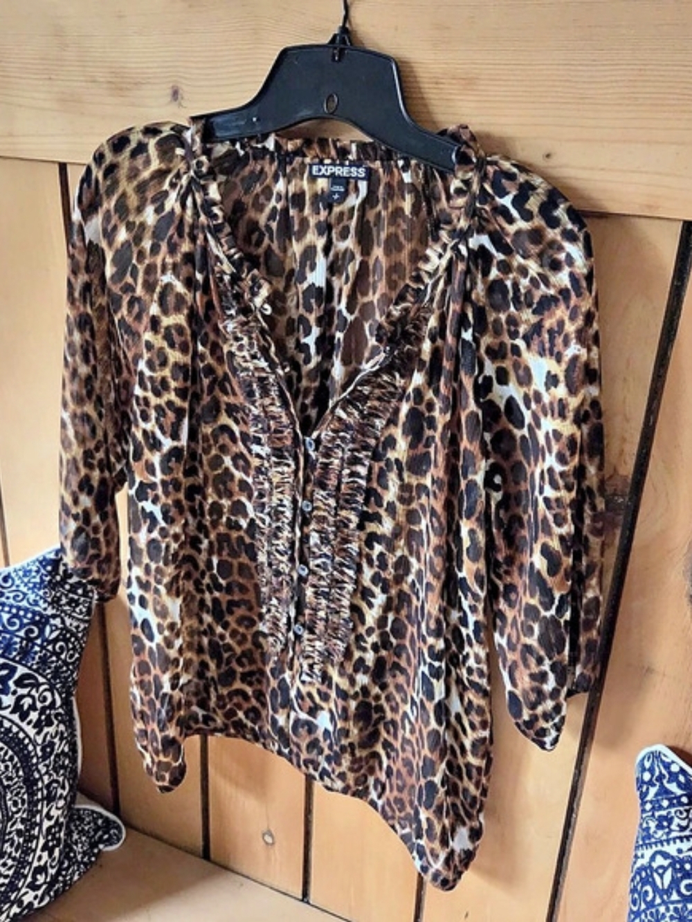 Express Leopard Ruffle Button Front 3/4 Sleeve Top Brown & Black Small Shear